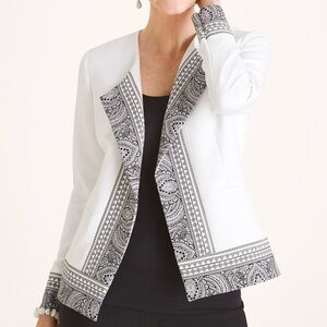 NWT Chico’s White Open Front Printed Border Jacket Blazer Chicos Size 4 (XL?)